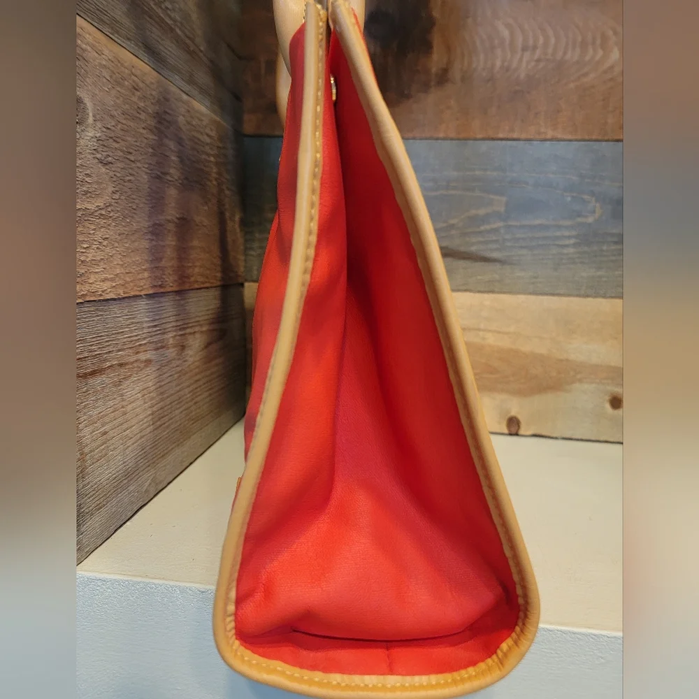 Tory Burch Red and Tan Vegan Leather Ella Tote Bag with Signature Medallion - Picture 7 of 12